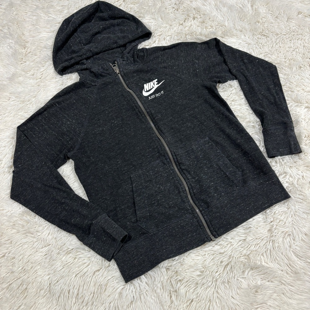 Nike Hoodie Kids Youth L Organic Heather Charcoal Gray Full Zip Long Sleeve